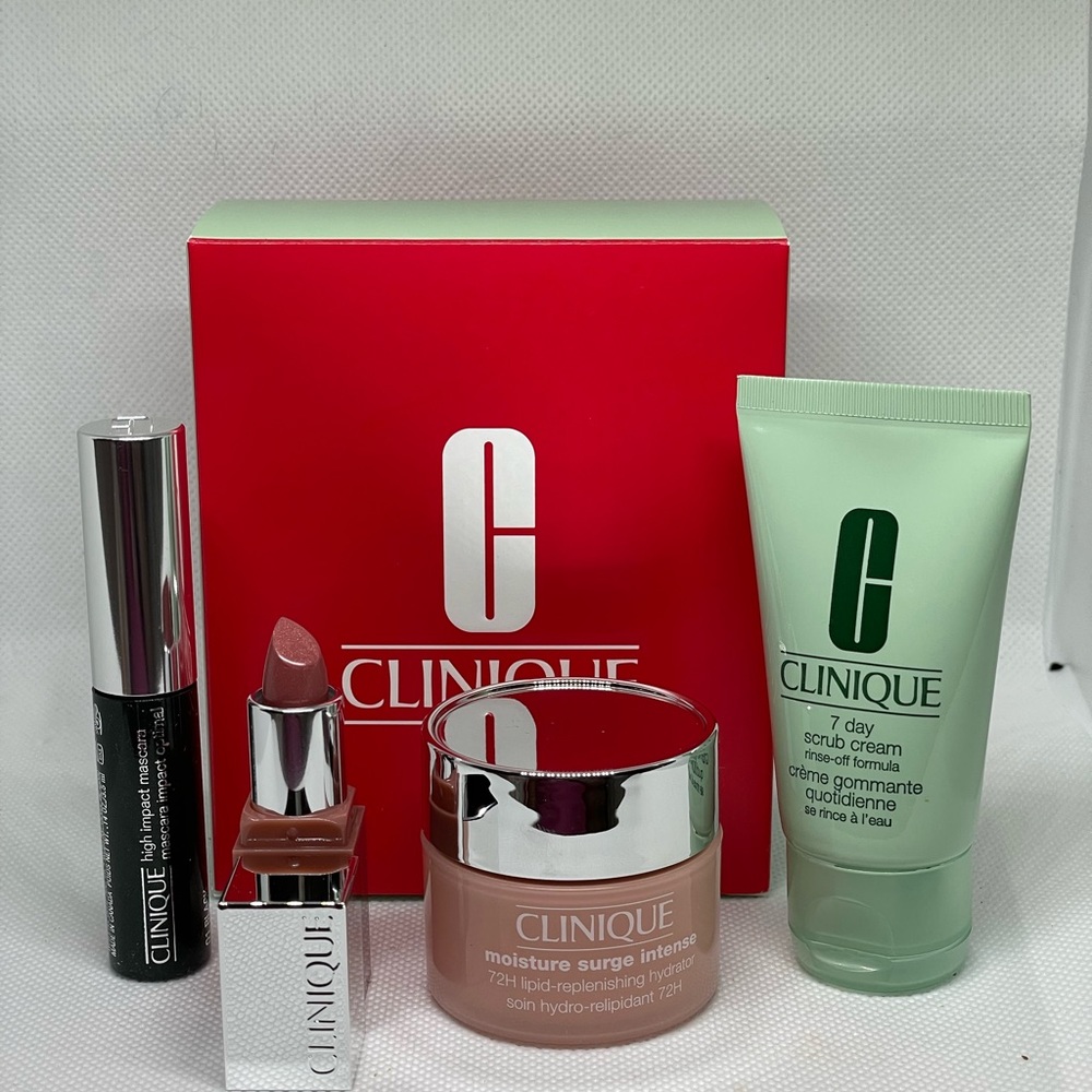 Clinique 4 piece set black mascara bare pop lipstick moisturizer & scrub cream - Picture 10 of 16